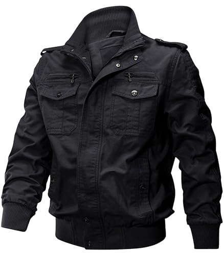 ZDJSWJ Män casual vindtät militär cargojacka flera fickor ståkrage bomber workwear, svart, M