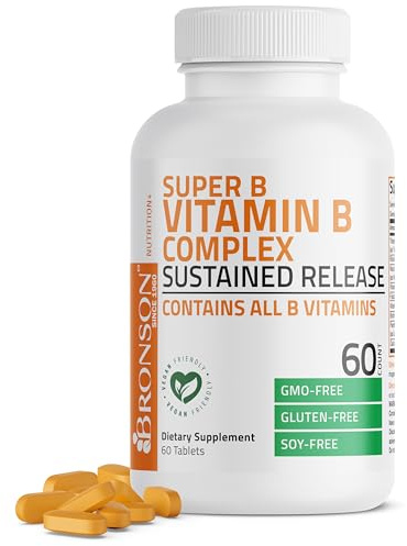 Bronson Super B Vitamin B Complex Sustained Slow Release (Vitamin B1, B2, B3, B6, B9 - Folic Acid, B12) Contains All B Vitamins 60 Tablets