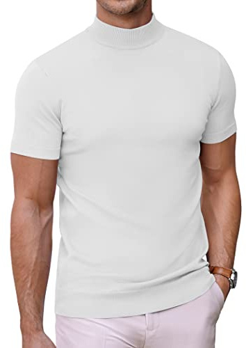 COOFANDY Herr Mock Turtle Neck T-shirt Kortärmad Hög hals T-Shirt Stickad Topp Sommar Stretchig Tee Slim Fit