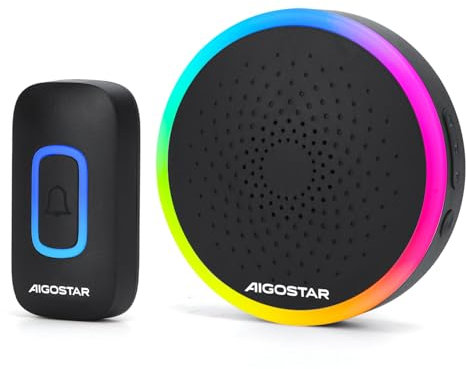 Aigostar campanello senza fili, Campanello Wireless Impermeabile IP55 da Esterno, Campanello Wireless RGB, Portata 150M, 5 Livelli Volume 60 Melodie, Nero