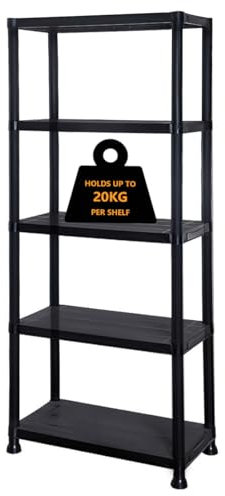 Crystals 5 Tier Plastic Shelving Unit | Garage Shelving Units | Heavy Duty Racking Shelving & Storage | Multipurpose Plastic Storage Shelves for Garage, Warehouse, Workshop, Sheds and Office - Black