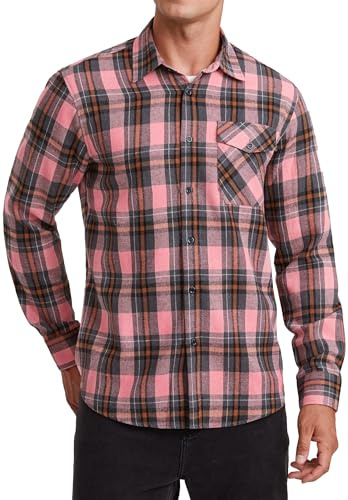 HISDERN Plaid Shirts Men Pink Flannel Checked Shirt Casual Lumberjack Long Sleeve with Pockets 2XL