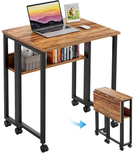 GreenForest Small Folding Desk with Storage Shelf,80 cm Computer Rolling Desk on Wheels Easy Assembly,Foldable desk for Small Space,Brown
