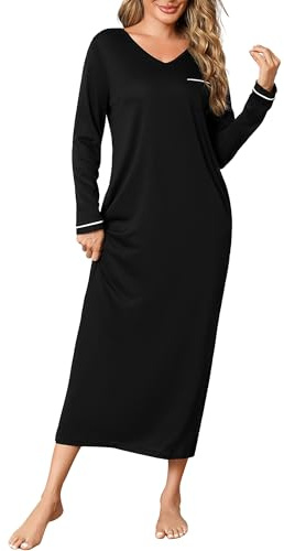 Leversic Women Long Sleeve Nighties Long Nightgown Front Chest Pocket V Neck Cotton Nightdress Home Nightwear for Lounge(Black,S)