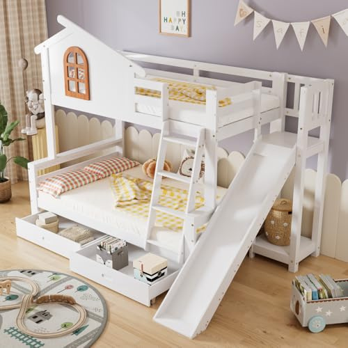 Zepneiy Lit cabane Enfants 90x200 et 120x200, Lit superposé Enfant Lit Double Protection Anti Chute avec 2 Tiroirs, Lit Enfant avec Toboggan, Lit Mezzanine pour Enfants