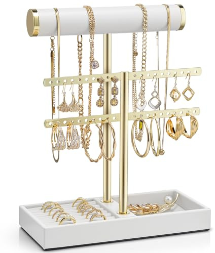 Vlando 2 Tier Necklace Holder Organizer with Tray, Leather Bracelet Holder Display for Women, Gold Jewelry Holder Stand for Bracelet, Necklace, Earrings, Rings - White