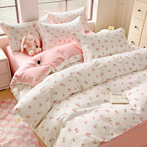 Floral Duvet Cover Double White Pink Flowers Print Botanical Bedding Set | Floral Cottagecore, for Kids Girls Women, Reversible Comforter Cover 200x200 with Zipper Closure and 2 Pillowcases 50x75 cm