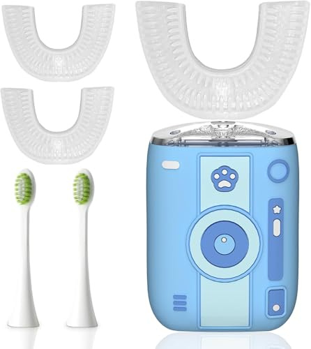 yeklike Adult Sonic Automatic Electric Toothbrush, 360° Oral Cleaning Stain Whitening, IPX7 Waterproof Rechargeable, u-Shape Brush Head*3+Straight Handle Brush Head*2 (Sky Blue)