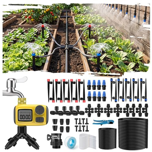 Deepoter Kit Riego por Goteo con Programador Riego, 25M+25M Sistema de Riego por Goteo Accesorios Riego Goteo con Ajustable Boquilla Aspersor Pulverizador y Gotero Riego Automático para Jardín
