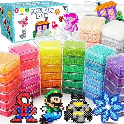 FunzBo Cuentas para Planchar 31000 Piezas XXL - 48 Colores 5mm Juego Completo con Varios Accesorios, Plantillas y Caja Organizadora - Regalo Ideal para Niños y Adultos Mayores de 6 Años