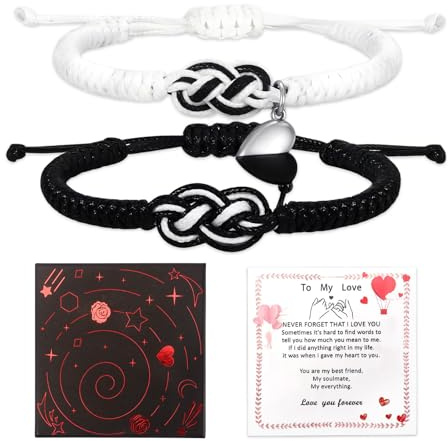 Dazzroi Matching Couple Bracelets, Adjustable Rope Bracelets Heart Bracelet with Card Gift Box, Cord Bracelet Valentines Anniversary Birthday Gifts for Girlfriend Boyfriend Husband Wife