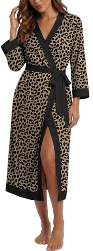PrinStory Women Dressing Gowns 3/4 Sleeve Kimono Robes Casual V-Neck Bathrobe With Waistband For All Seasons