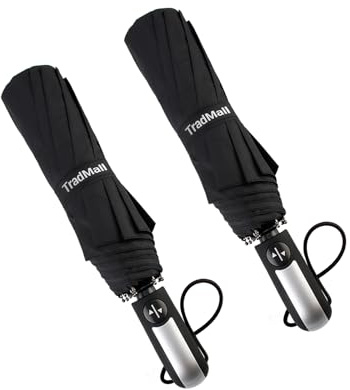 TradMall 2 Pack Travel Umbrella Windproof 46 Inches Large Canopy Reinforced Fiberglass Ribs Auto Open & Close, Black