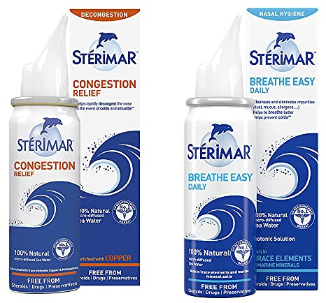 STERIMAR Breathe Easy Daily 2 x 50ml and STERIMAR Congestion Relief 2 x 50ml - 100% Natural Sea Water Based Nasal Spray - 50ml Cans