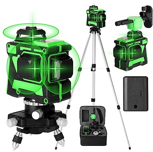 Geevorks Nivel Laser Autonivelante con Tripode,Nivel Láser Autonivelante 3° 3 x 360 Nivel Laser,3D 12 Líneas Laser Autonivelante,Verde,con 1 Baterías
