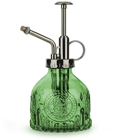 T4U Glass Plant Mister 200ML, Vintage Spray Bottle with Top Pump, Fine Mist Garden Flower Sprayer Small Decorative Spritzer Watering Can Gift for Indoor Outdoor Succulent House Plant (Green)