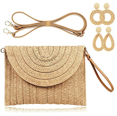 COOKOOKY Straw Clutch Handbag Summer Beach Straw Purse for Women woven Envelope Bag and 2 Pairs Rattan Earrings (Light brown bag and Rattan earrings)