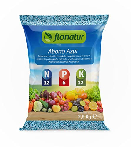 Flonatur Abono Azul Granulado 2,5 Kilos, Fertilizante Universal NPK 12-6-12 para Mezclar con Tierra para Plantas Verdes, Tomates y Orquideas