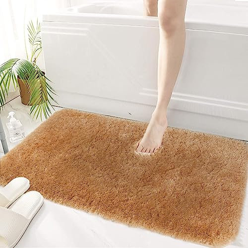 Mibao Badteppich, rutschfeste und waschbare Badematte, Weicher Flauschiger Badvorleger, Shaggy Hochflor-Mikrofasermatte für das Badezimmer, Badezimmerteppich Beige 50 x 80 cm