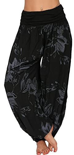 Tomwell Haremshose Damen Lang Lose Bedrucken Pumphose Leichte Sommer Lässige Blumenmuster Aladin Pants Yogahose Strandhose mit Elastischen Bund A Schwarz XL
