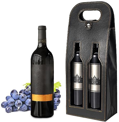 Double Bottle Wine Tote, Reusable Leather Wine Bag Tote, Double Bottle Wine Tote Bag, Crocodile Grain Wine Gift Bag for Picnic, Travel, Party, Birthday, Wedding, Restaurant (Double Black)