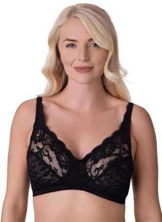 Camille Soft Lace Cup Non-Wired Bra for Women - Delicate Lace Bra with Wireless Full Coverage Cups & Adjustable Strap 36D Black