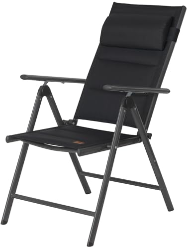 CampFeuer Campingstuhl faltbar verstellbare Rückenlehne | Schwarz | Liegestuhl mit abnehmbarem Kopfpolster | Klappstuhl Garten, Gartenstuhl Klappbar, Gartenstuhl Hochlehner Verstellbar, Balkonmöbel