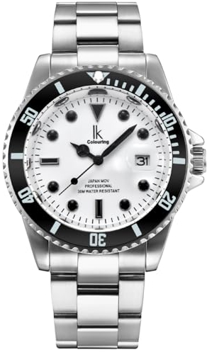 Alienwork Armbanduhr Herren Damen Silber Edelstahl Metallarmband Kalender Datum Weiss Leuchtzifferblatt Klassik Elegant