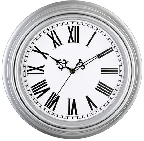 Plumeet Reloj de Pared Retro Extra Grande, Reloj con Números Romanos Silencioso Clásico sin Tic-TAC de 40.6cm, Adecuado para Decorar Sala, Dormitorio, Alimentado por Batería, Plata
