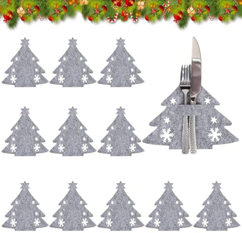 Porte-couverts Feutre de Noël, 12 Sacs à Couverts Sapin de NoëL, Sacs à Couverts Gris Sapin de NoëL, Couteaux Fourchettes Cuillères Vaisselle Sacs à Couverts, Décoration pour Table Fête de NoëL