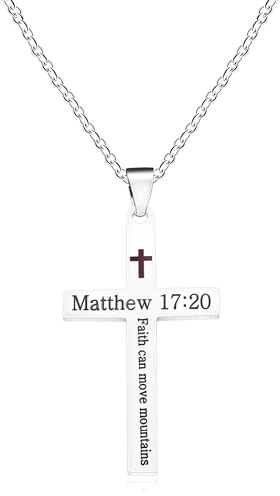Oneress korshalsband i rostfritt stål | graverat bibelvers hänge | Jesus frälsare korshalsband | personlig Matteus 17:20 smycken | helande energi & meditationsgåva för män YA5186, Medium, Rostfritt