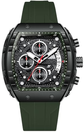 rorios Tonneau armbandsur för män snygga lediga klockor sport silikonarmband herrklockor analog kvarts klocka multifunktionell kronograf klocka, Grön, L
