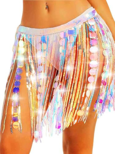 Ushiny Festival Outfit Glitzernde Punkte Pailletten Minirock Bunte Quaste Bauchtanz Hüftschal Rave Festival Röcke für Frauen