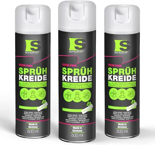 Spraytive Lot de 3 sprays de craie en spray de 500 ml - Rose fluo - Lavable - Pour extérieur - Marquage de sol - Spray de marquage temporaire pour asphalte, herbe, béton