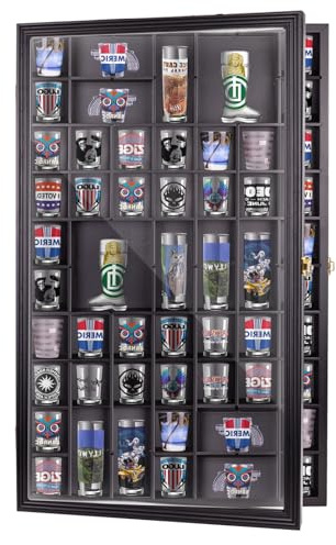 WodGod Removable Giant Shot Glass Display Case,30.5 * 19 Inches,70 Slots,Removable Shelves,Fit for Lots of Sizes Shot Glasses,Wall Mount,Gold Lock,with UV Protection Acrylic Glass Door