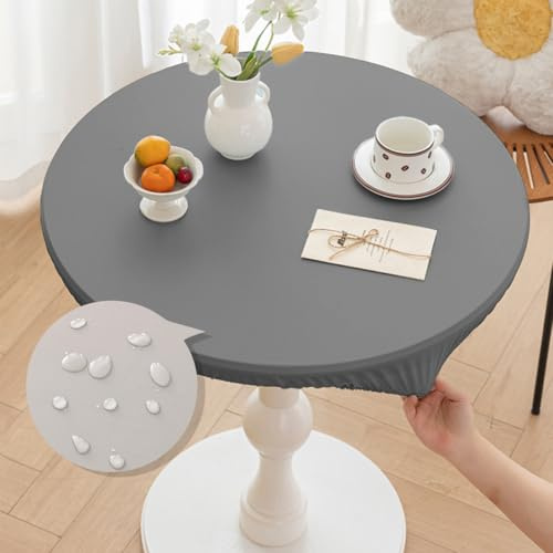 Morbuy Mantel Antimanchas Redondo 100 cm, PU Cuero Impermeables Manteles de Mesa, Elastico Ajustable Gris Manteles para Hogar Cocina Comedor Jardín Café(para Mesa 80-90cm)