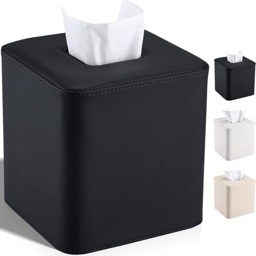 GORESE Contenitore per fazzoletti, in pelle PU, quadrato, dispenser di fazzoletti per il viso, portatovaglioli, regalo per casa, ufficio, bagno, decorazione auto (nero)