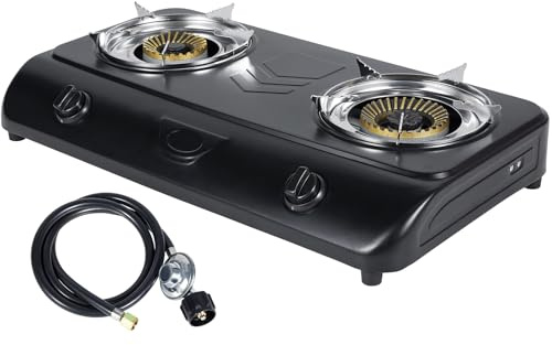 BESTFIRE Portable Outdoor Propane Stove - 9000/12000 BTU Dual Burners with Auto Ignition, Rust-Resistant Steel, Regulator & Hose, Perfect for Camping, RV, Tailgating, BBQ, Compact 28.74×14.76×5.51