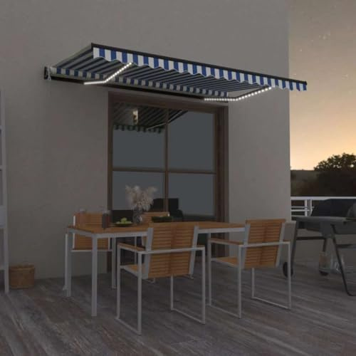 QJBSAVVA Store automatique avec LED et capteur de vent - 450 x 300 cm - Bleu et blanc - Store à bras articulés, en aluminium - Pour terrasse, balcon et jardin