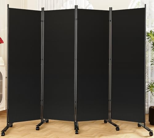 SUNALLY Room Divider 6FT Folding Privacy Screens with Lockable Wheels, 4 Panel Room Partition for Room Separator, 88 W Freestanding Portable Fabric Wall Dividers for Home Dorm Studio Office, Black