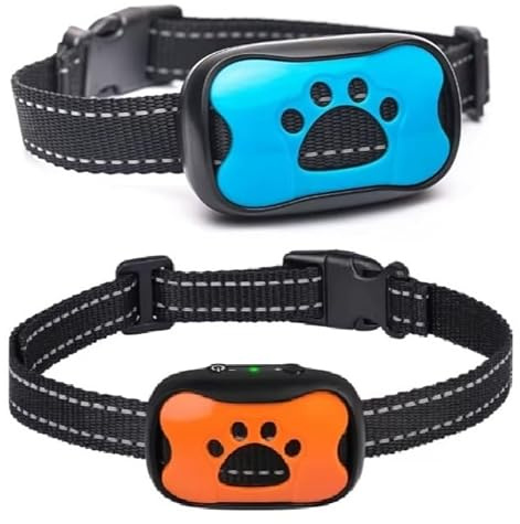 Collare anti-abbaio ricaricabile – Collare anti-shock per cani – Humane con vibrazione e suono per cani di taglia piccola, media e grande – Confezione da 2 blu arancione (ricaricabile)