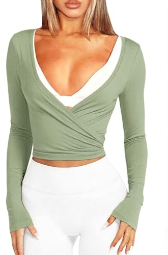 Navneet Haut portefeuille pour femme Sport Yoga Manches longues Serré Y2K Pilates Ballet Wrap Tops Bolero Vêtements d'automne, S