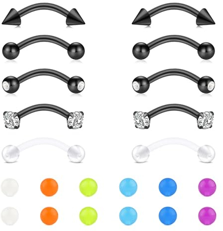 MODRSA 5 Pairs Curved Barbell Eyebrow Piercing Jewellery for Women Men, 16G 10mm Labret Lip Bars Daith Helix Rook Studs, Stainless Steel Body Piercing with Replacement Balls, Gold/Silver/Black