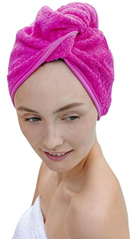 Carenesse Haarturban Baumwolle pink I Turban Handtuch mit Knopf & Schlaufe saugstark I Stabiles Haarhandtuch zur natürlich schonenden Haartrocknung OHNE Mikroplastik