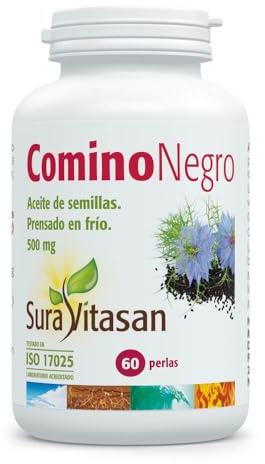 SURA VITASAN Comino Negro 60 Perlas – Aceite de Semillas de Nigella Sativa 500mg Prensado en Frío – 100% Pura – Regulación de la Glucosa en Sangre – Ácido Linoleico 50%, Ácido Oleico 20%