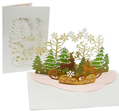 Besinnliche Weihnachtskarte mit extra Seite für Weihnachtsgrüße - 3-seitige Klappkarte - festliche 3D Pop-Up Karte mit Rentier - gut geeignet für Weihnachten & Gutschein