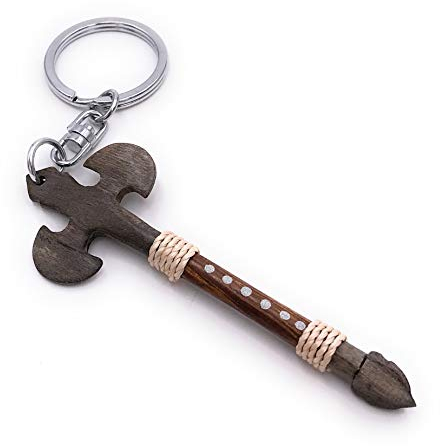 Onwomania Porte-clé en bois hache arme viking pendentif hache bataille charme