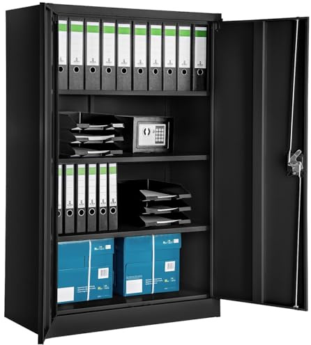 tectake® Armadio Portadocumenti, Armadio Multiuso 4 Scomparti, Ante a Battenti Rinforzate, Chiusura con Serratura a Cilindro, Acciaio di Alta Qualità Verniciato a Polvere, 140x90x40 cm - Nero