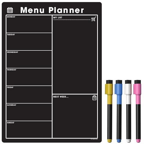 TMS Weekly Meal Planner for Fridge | Magnetic Whiteboard Calendar and Shopping List | Dry Wipe Memo Board for Kitchen | Made in The UK (A3 (42 x 30cm), ‎Black Chalkboard)