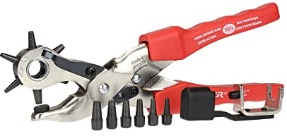 Profi Lochzange für Leder - bis zu 70% Kraftersparnis - Revolverlochzange mit Hebelunterstützung + Lochpfeifen Erweiterungsset + Lochpfeifen Wechselwerkzeug - Lochzange Gürtel - Made in Germany